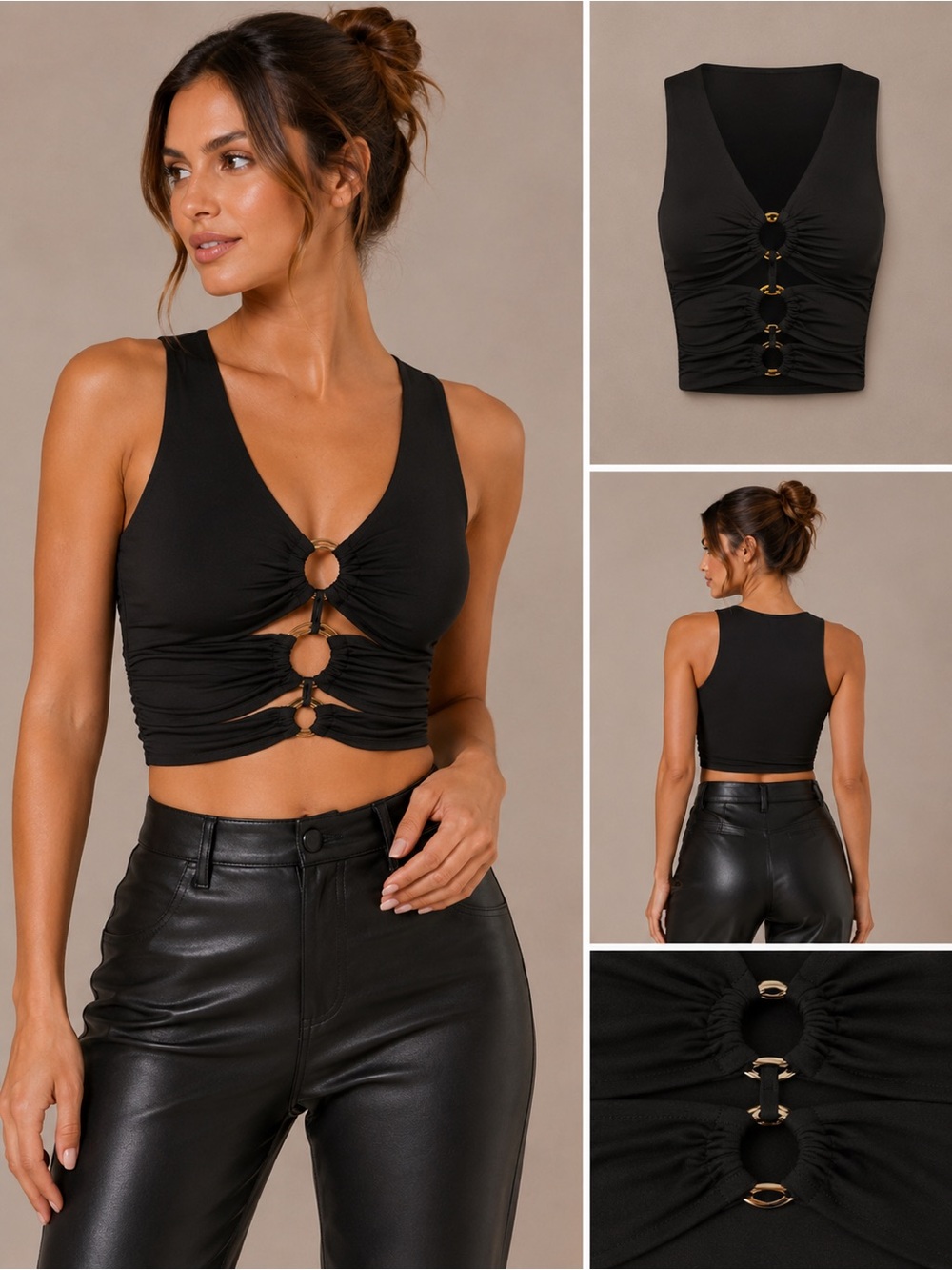 SEXY NEW Cut-Out 3-Ring Black Ruched V-Neck Crop Top Sexy Sleeveless Summer Tank